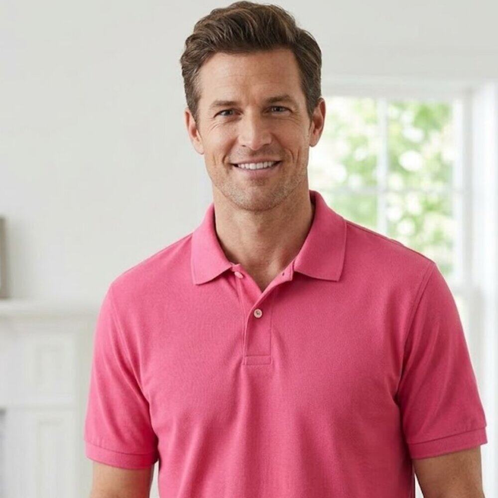Land End 100% Cotton Ultra Light Polo Shirt, Pink, Size L.